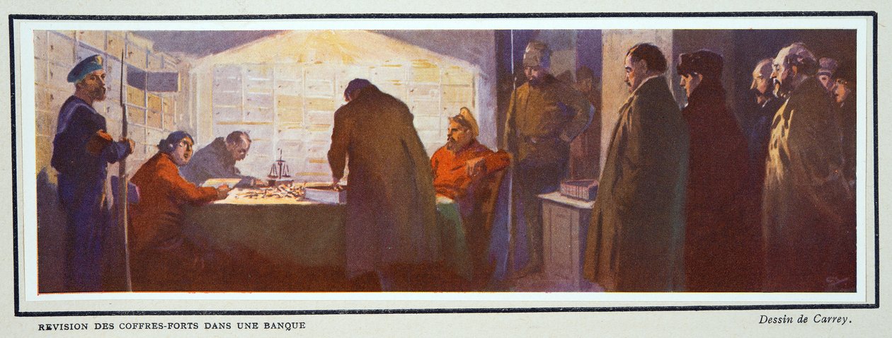 Uvnitř bankovního trezoru během revoluce, z knihy Histoire des Soviets, pub. 1922 (barevná litografie) od Georges Carrey