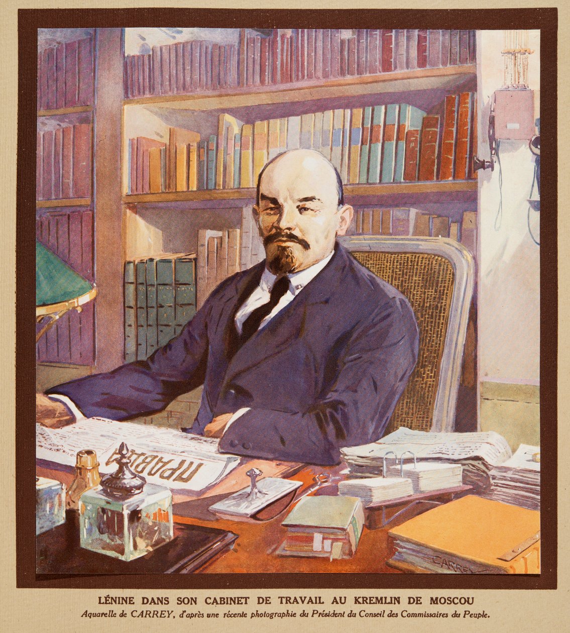 Lenin ve své kanceláři v Kremlu v Moskvě, z knihy Histoire des Soviets, vyd. 1922 (barevná litografie) od Georges Carrey