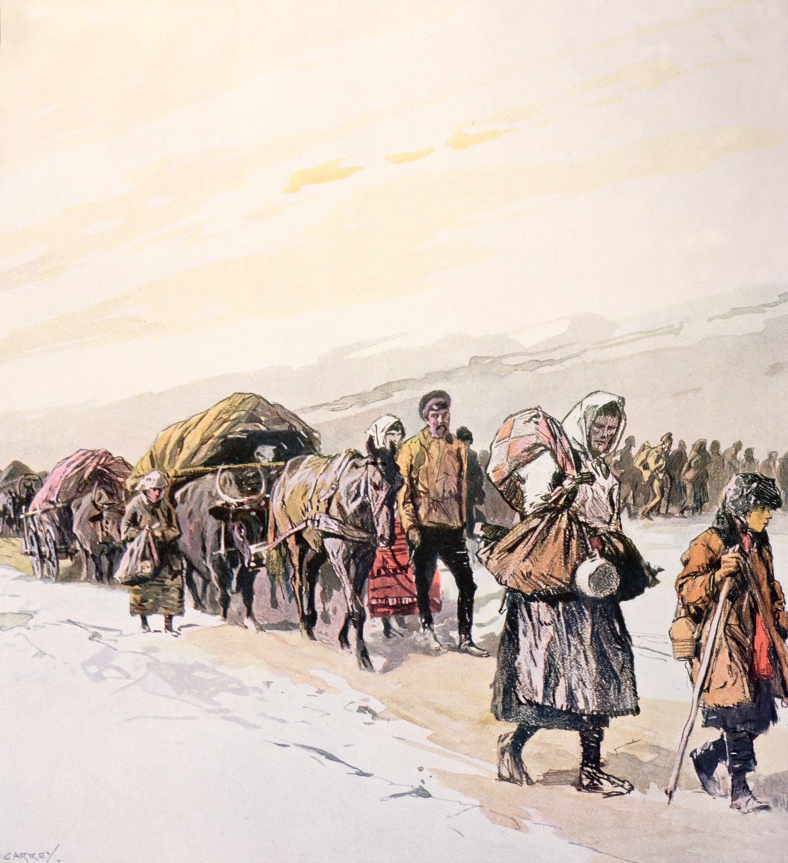 Hladovějící davy opouštějící svou vlast, cca 1924 (barevná litografie) od Georges Carrey