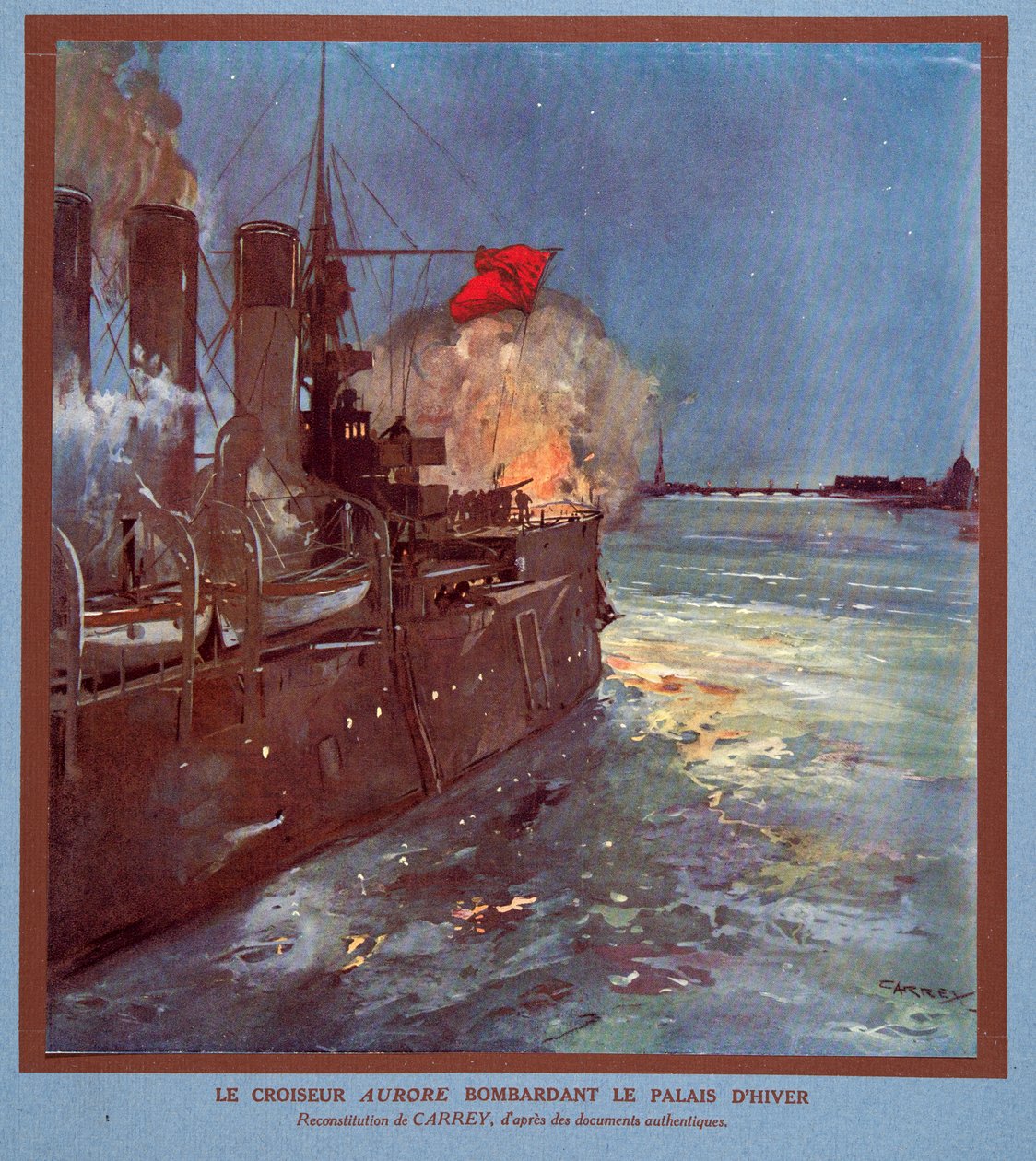 Křižník Aurora střílí na Zimní palác, z knihy Histoire des Soviets, pub. 1922 (barevná litografie) od Georges Carrey