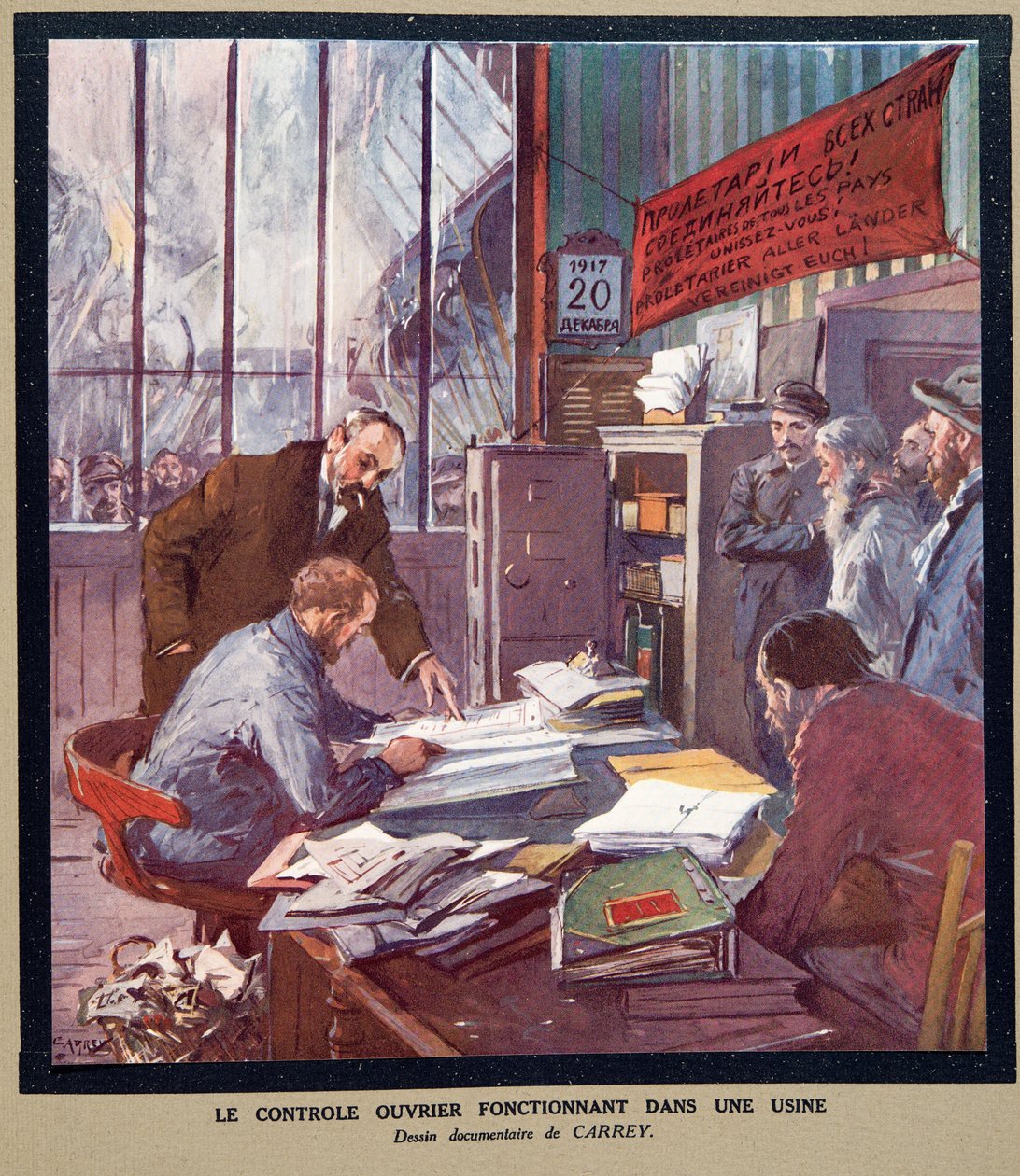 Dělnická kontrola v sovětské továrně v době revoluce v roce 1917, z knihy Histoire des Soviets, vyd. 1922 (barevná litografie) od Georges Carrey
