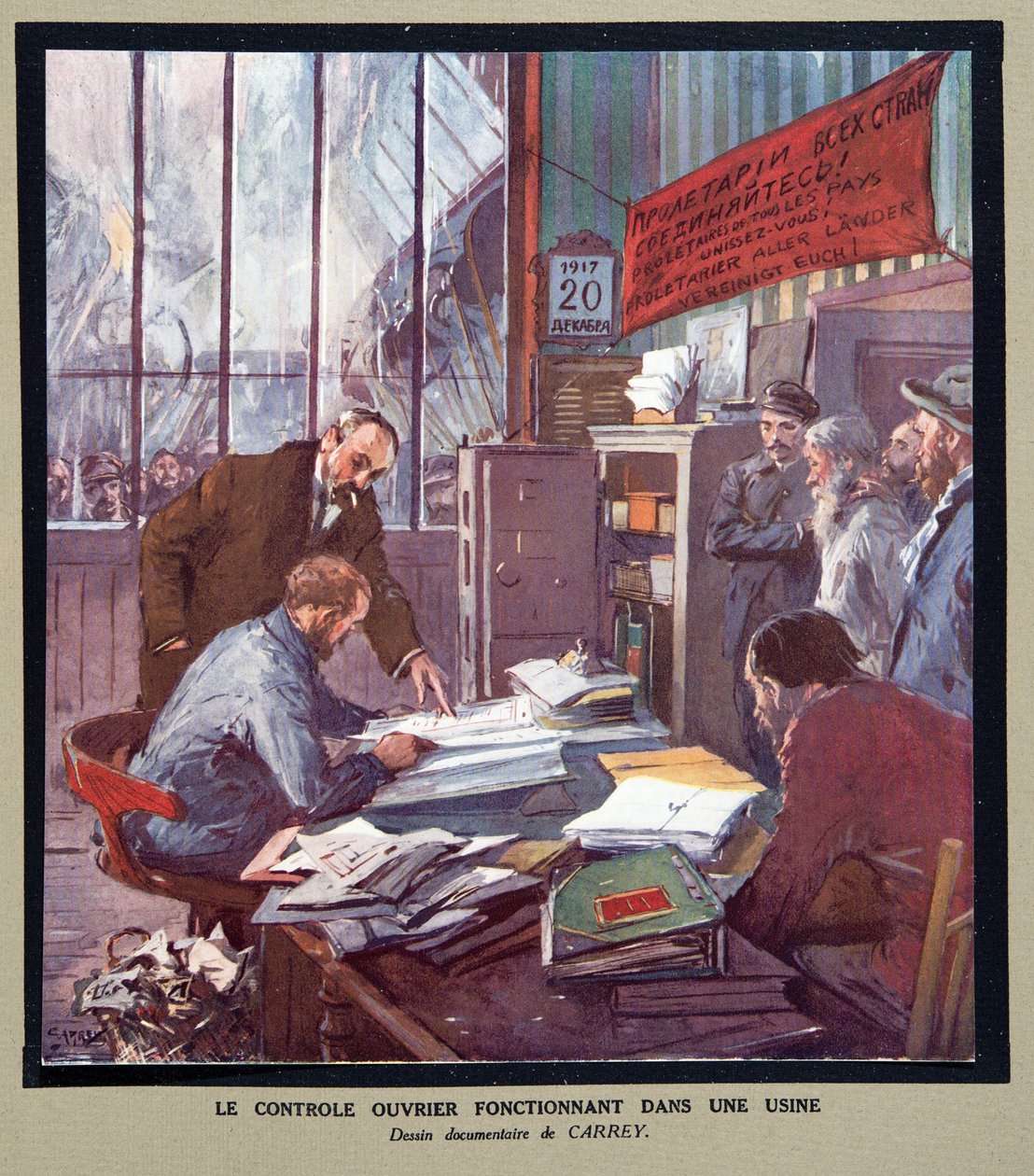 Dělnická kontrola v sovětské továrně v době revoluce v roce 1917, z knihy Histoire des Soviets, vyd. 1922 (barevná litografie) od Georges Carrey