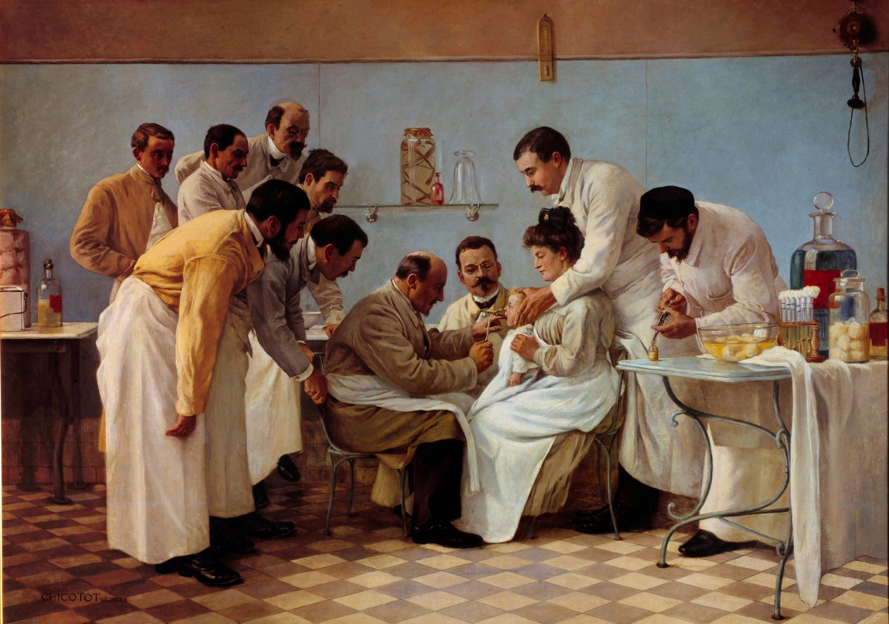 Medicína: “” Pouzdro””” Zavedení hadičky má difterické dítě. Malba Georgese Chicotota (aktivní mezi 1899 a 1907). Slunce 20. století. 1,3x1,8 m Musee de l