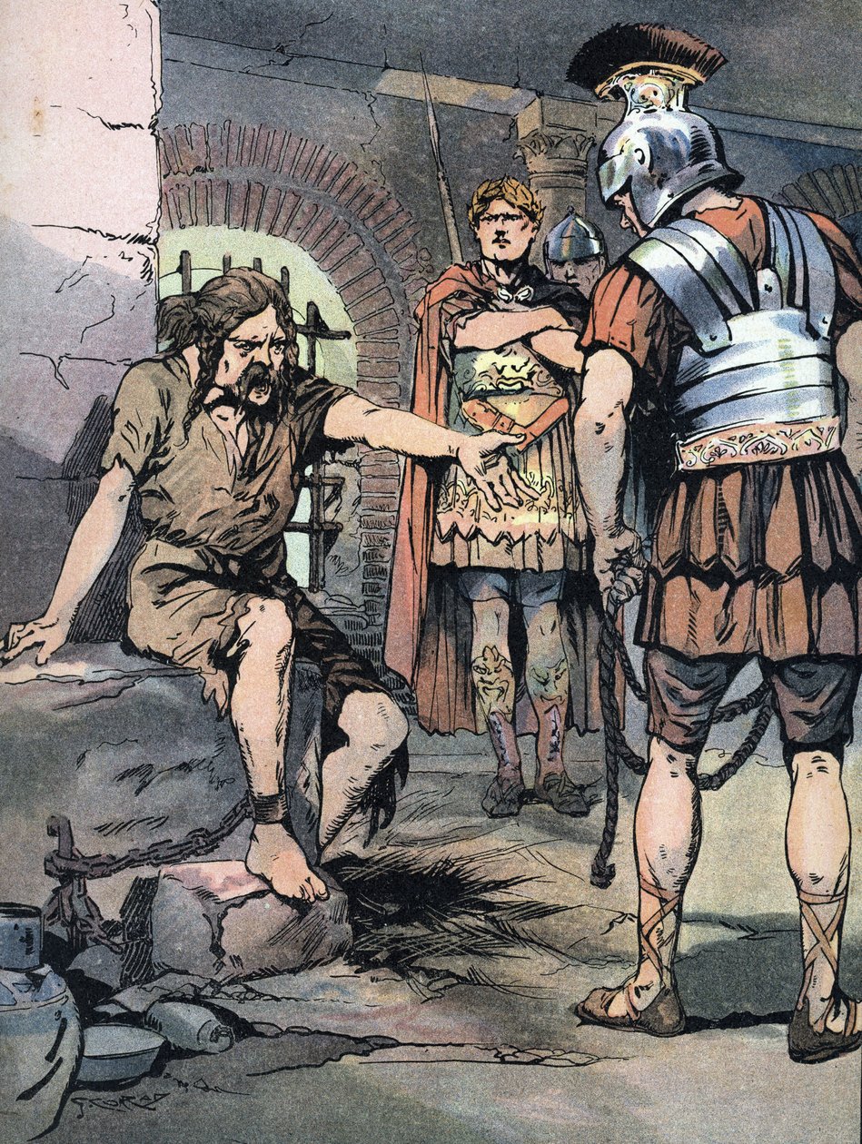 Galská válka: „“ Galský válečník Vercingetorix zajatec v římských zbraních Julese Cesara ve věznicích Tullianum, 46 př. n. l.“ (galské války: Vercingetorix vězeň v Mamertinské věznici v Římě po jeho porážce proti Juliu Caesarovi, 46 př. n. l.) Ilustrace od Georges Conrad