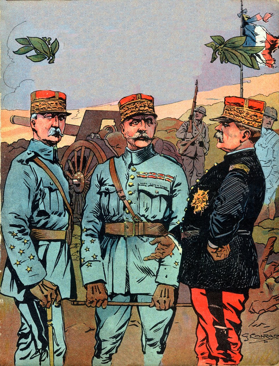 Marechal Joseph Jacques Cesaire Joffre (1852-1931), Marechal Ferdinand Foch (1851-1929) a Marechal Philippe Petain (1856-1951), velcí osvoboditelé Francie během první světové války - ilustrace Georgese Conrada (1874-1936) pořízená z „“ Nos-Gires od Georges Conrad