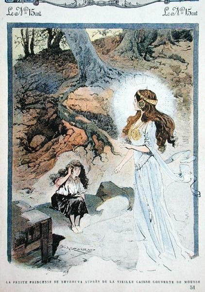 Malá princezna se ocitá před starou rakví, ilustrace z příběhu pro děti v časopise 