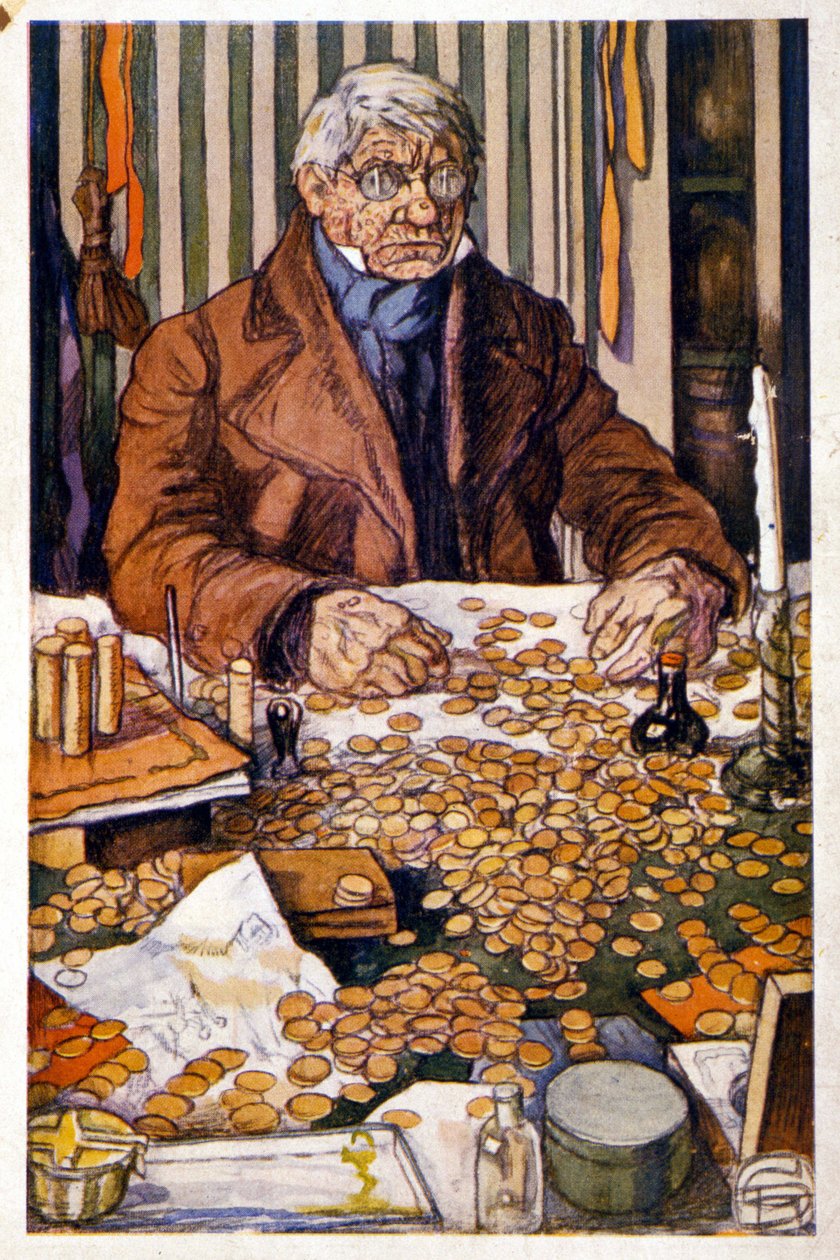 Le pere Grandet počítá své peníze - Ilustrace v „Eugenie Grandet“ od Honore de Balzac, kol. Ideální knihovna od Georges Dupuis