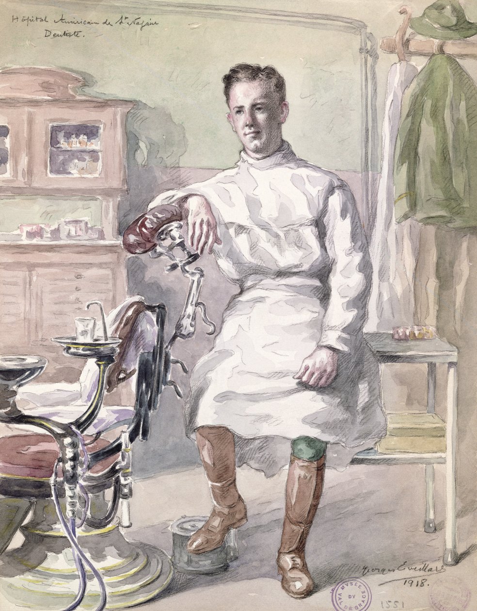 Vojenský zubař v Americké nemocnici St. Nazaire, 1918 (wc na papíře) od Georges Eveillard
