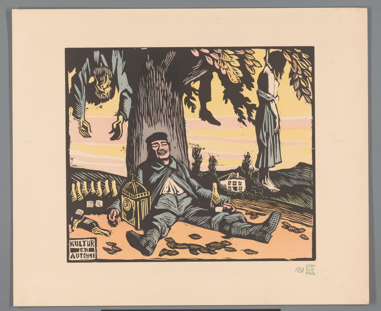 Voják ležící u stromu s oběšenými lidmi Kultur en automne (název na objektu) od Georges Hermann Rene Paul