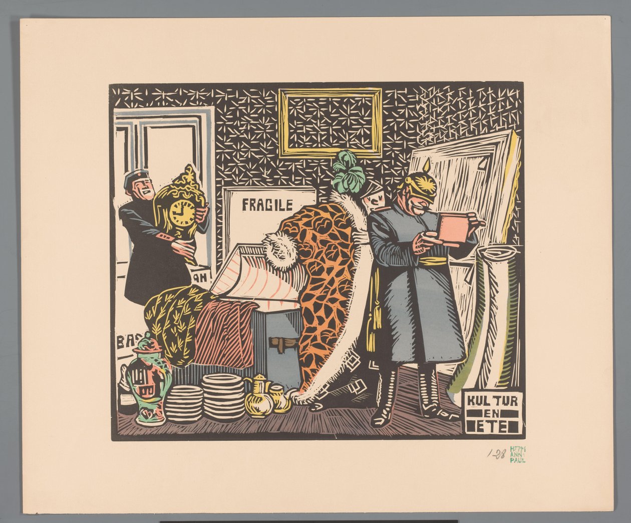 Vojáci vyrabují dům Kultura a jídlo (název na objektu) od Georges Hermann Rene Paul