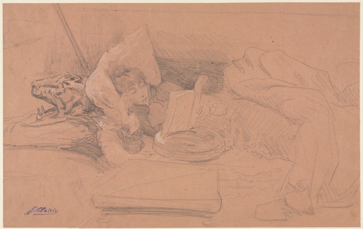 Sarah Bernhardt ležící na divanu, Reading, c. 1885-1890. od Georges Jules Victor Clairin