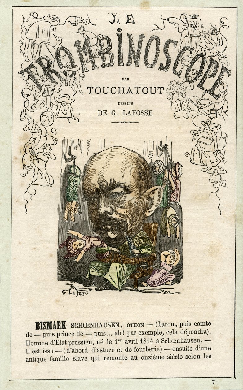 BISMARCK Otto Eduard Leopold von Bismarck-Schoenhausen (1815-1898), - ilustrace z "Le Trombinoscope", satirického politického časopisu Leona-Charlese Bienvenua, známého jako Touchatout (1835-1910) monografie č. 7, Paříž od Georges Lafosse
