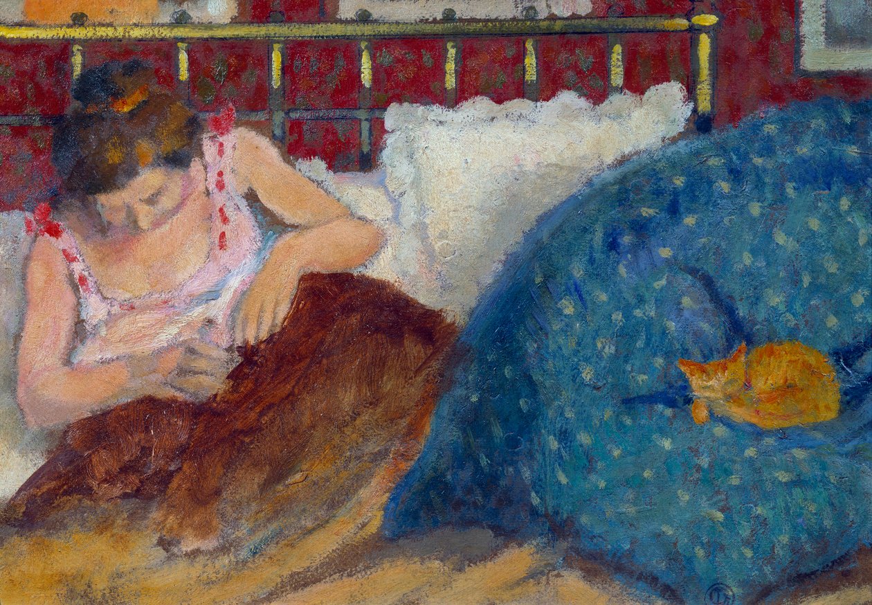 Obraz V posteli nebo žena s kočkou od Georgese Lemmena (1865-1916) 1900 ne. 0,3x0,45 m Paříž, musee d