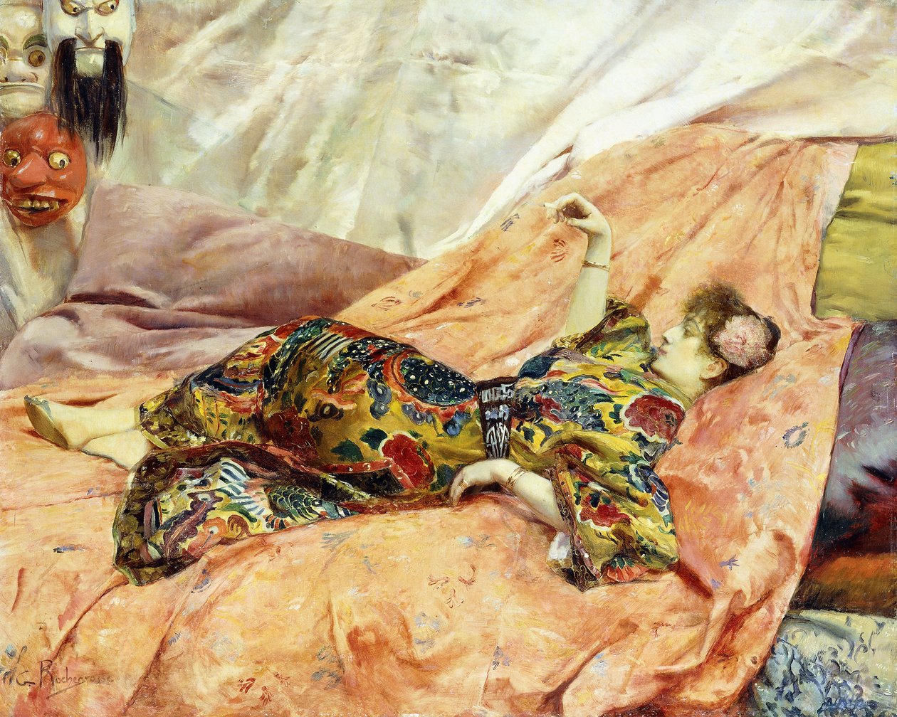 Portrét Sarah Bernhardtové, ležící v chinoisském interiéru, od Georges Marie Rochegrosse
