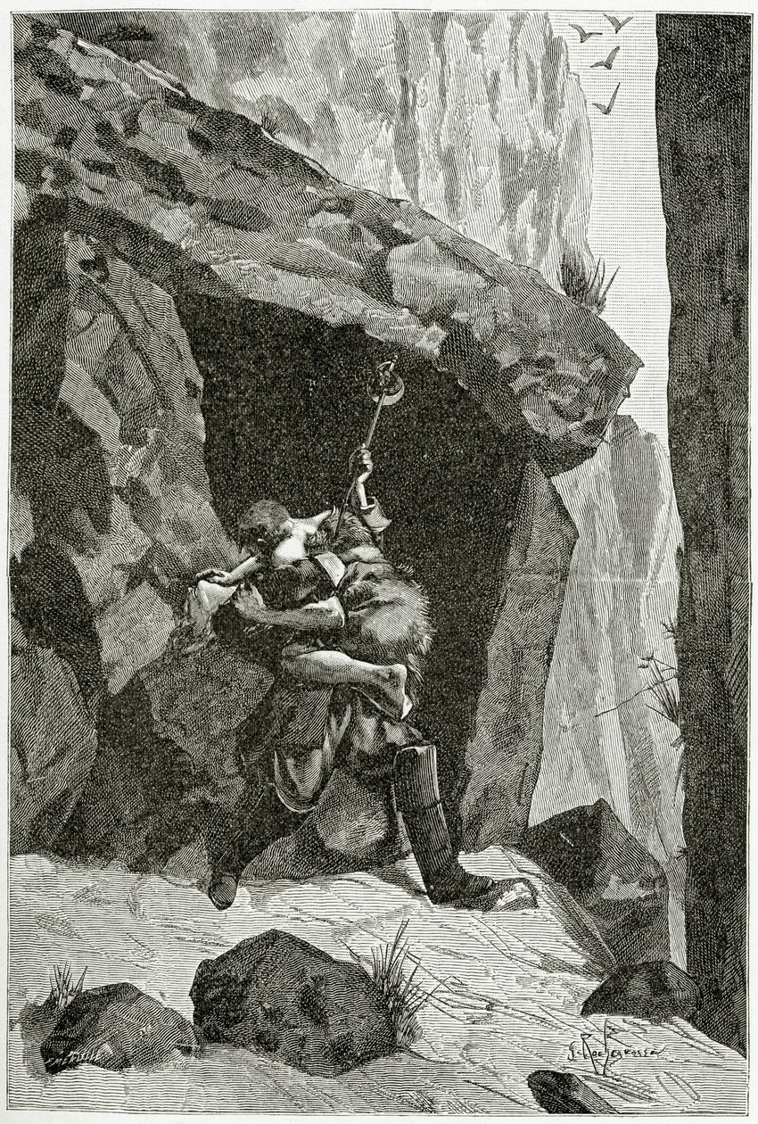 Boj Hana Islandského a Ordenera - ilustrace z knihy Han Islandský, 19. století (čb. rytina) od Georges Marie Rochegrosse