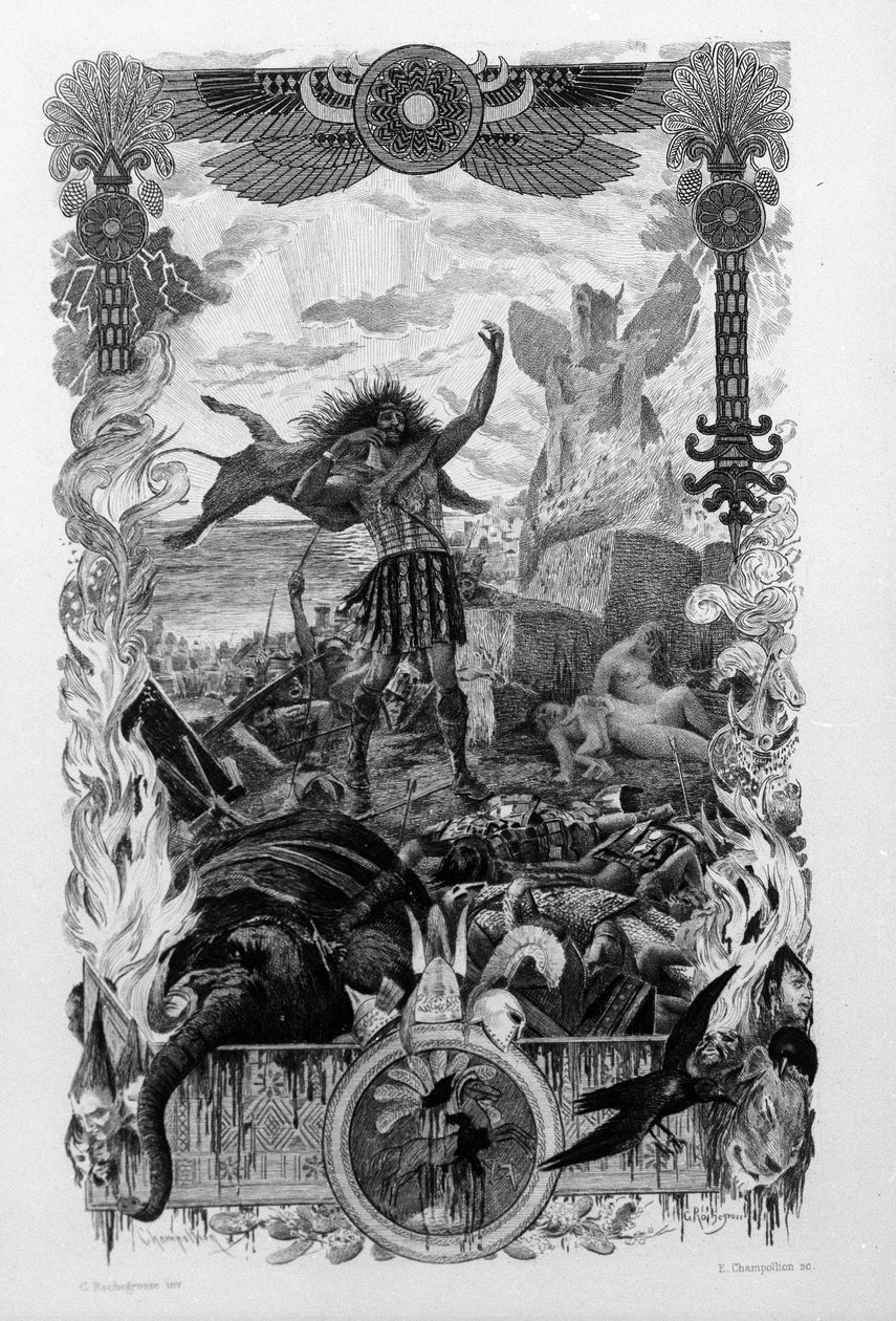 Ilustrace Georgese Antoine Rochegrosse (1859-1938) k románu „Salammbo“ od Gustava Flauberta, zachycující jako rámec válku žoldáků v době první punské války (246-241 př. n. l.) mezi Římany a Kartaginci. od Georges Marie Rochegrosse