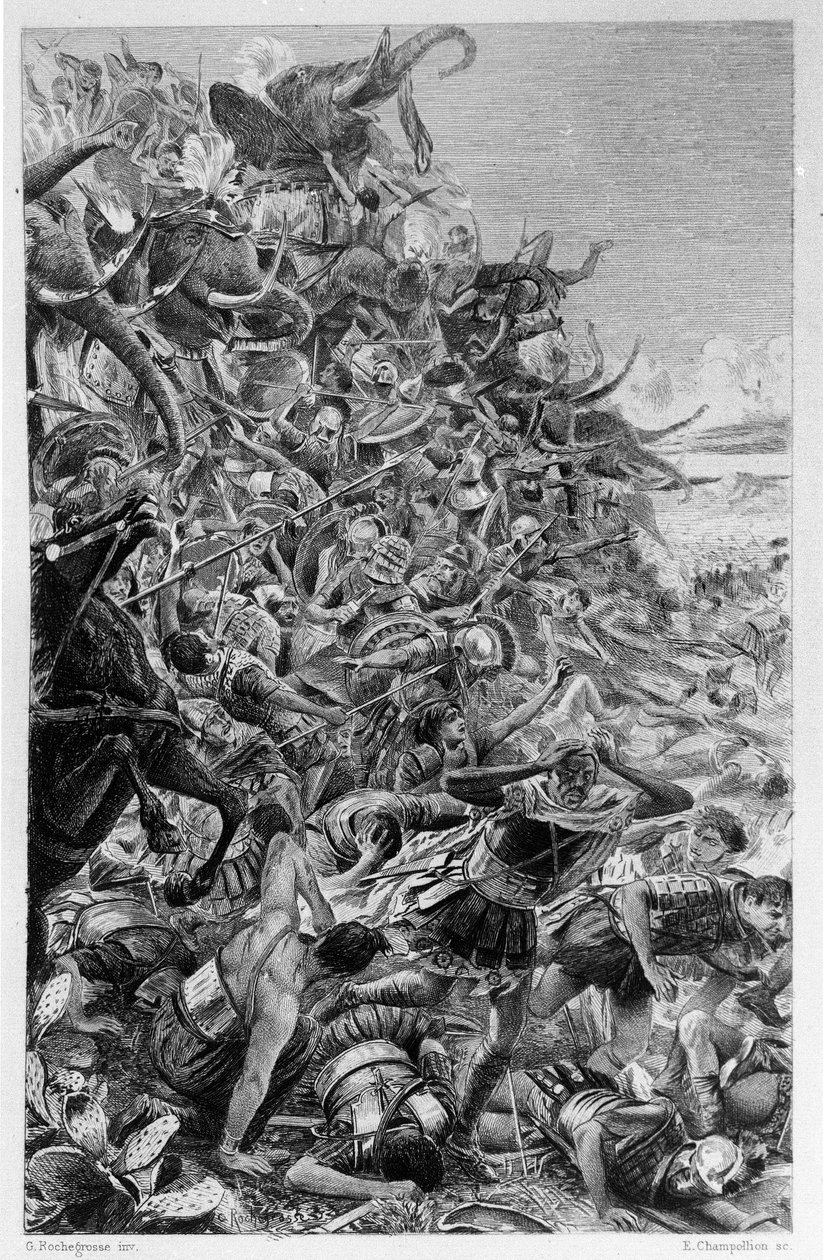 Ilustrace Georgese Antoine Rochegrosse (1859-1938) k románu „Salammbo“ od Gustava Flauberta, zachycující jako rámec válku žoldáků v době první punské války (246-241 př. n. l.) mezi Římany a Kartaginci. od Georges Marie Rochegrosse