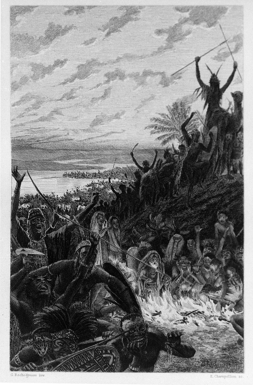 Ilustrace Georgese Antoine Rochegrosse (1859-1938) k románu „Salammbo“ od Gustava Flauberta, zachycující jako rámec válku žoldáků v době první punské války (246-241 př. n. l.) mezi Římany a Kartaginci. od Georges Marie Rochegrosse