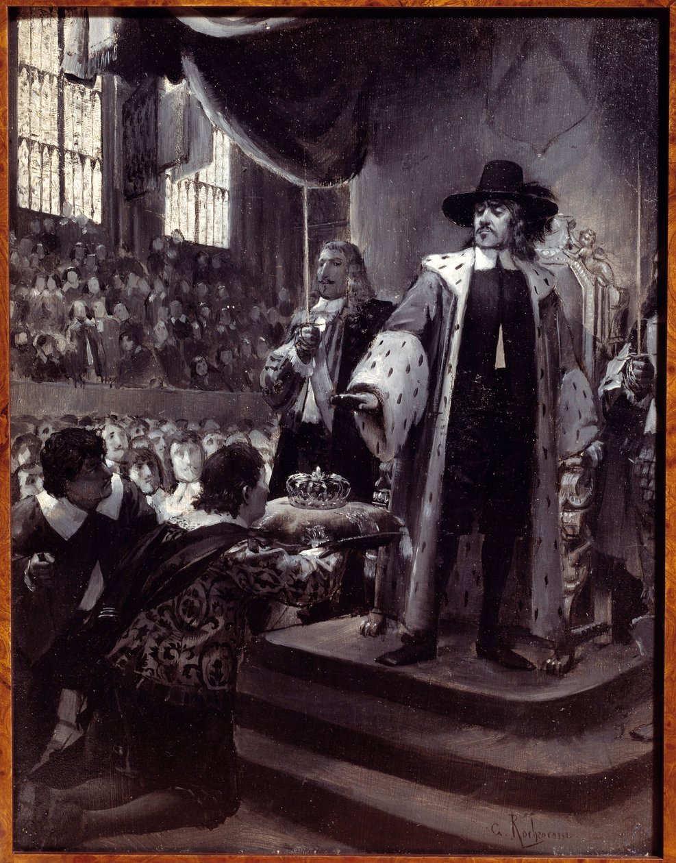Olivier Cromwell (1599-1658) odmítá korunu Lord protektor Republiky Velké Británie navrhl korunu pokorná petice a Avis (Nový parlament) v roce 1658. Grisaille na dřevě od Georgese Antoine Rochegrosse (1859-1938) 19. století . od Georges Marie Rochegrosse