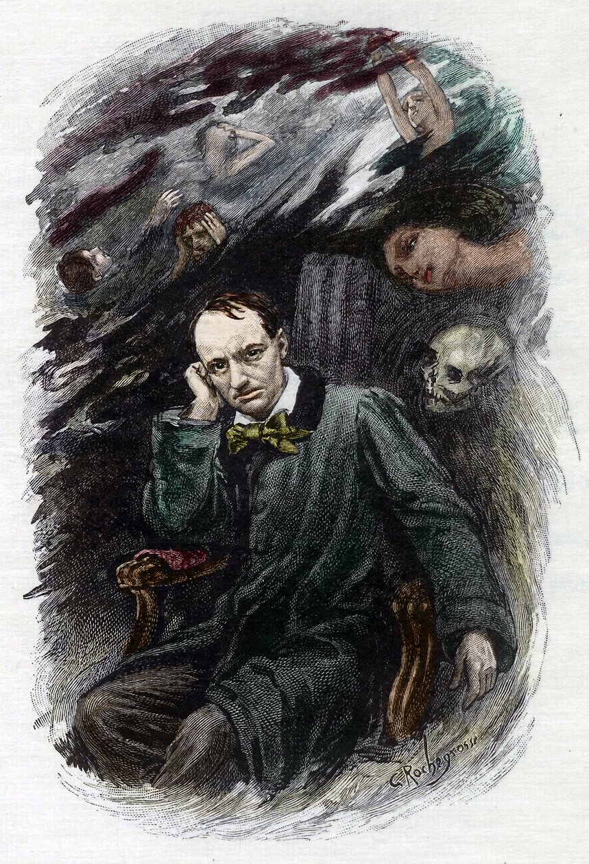 Portrét francouzského básníka Charlese Baudelaire (1827-1861) obklopuje jeho duchové (reprezentace francouzského romantického básníka Charlese Baudelaire obklopeného duchy, ilustrace pro „Květiny zla“ “) ilustrací Georges Antoine Rochegrosse (1859-19 od Georges Marie Rochegrosse