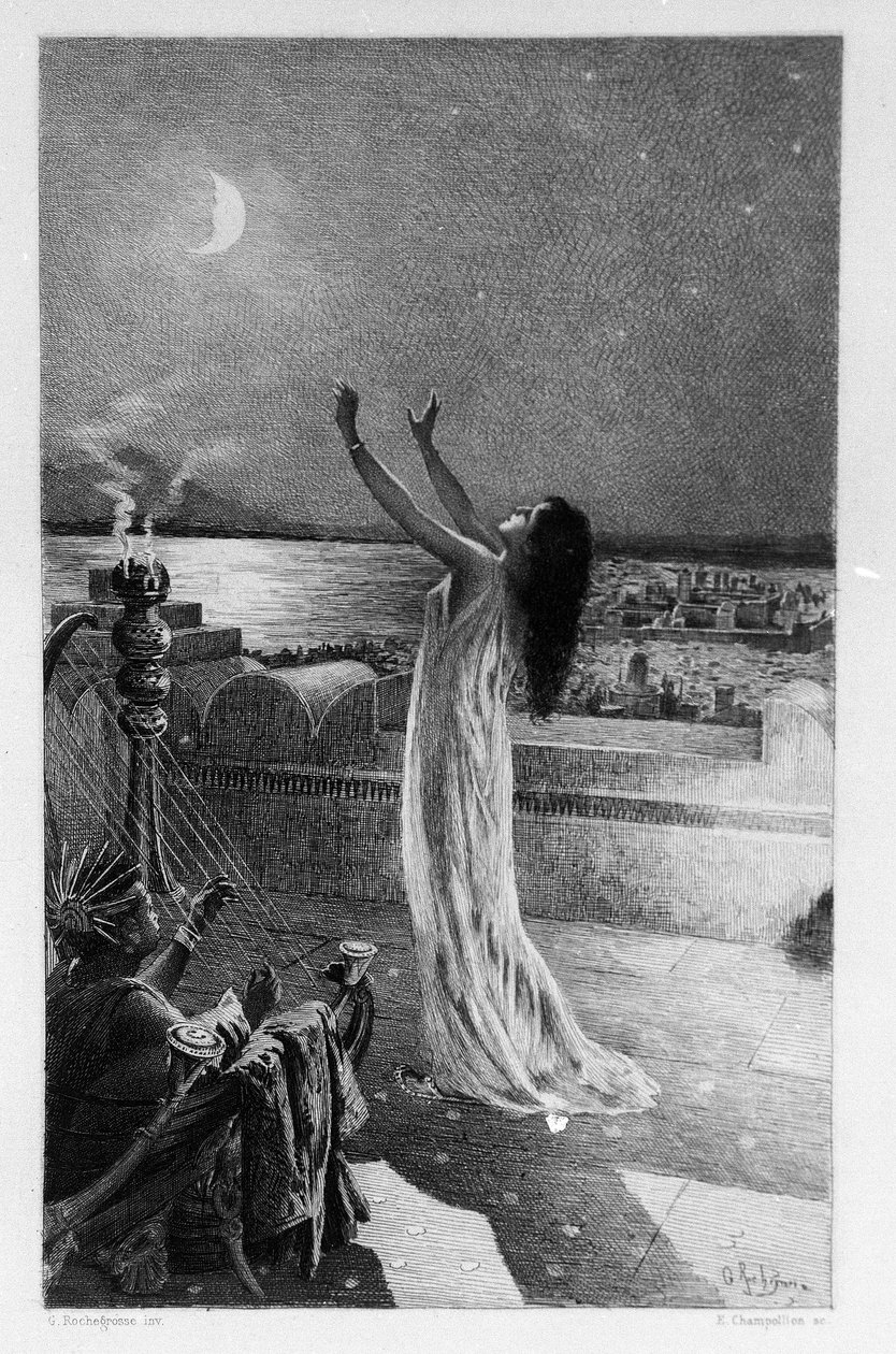 Salammbo, dcera Hamilcara Barcy (nebo Barcas), se modlí Tanit, bohyni měsíce Ilustrace Georgese Antoine Rochegrosse (1859-1938) k románu „Salammbo“ od Gustava Flauberta, přičemž za rámec bere válku žoldáků v době První punské od Georges Marie Rochegrosse