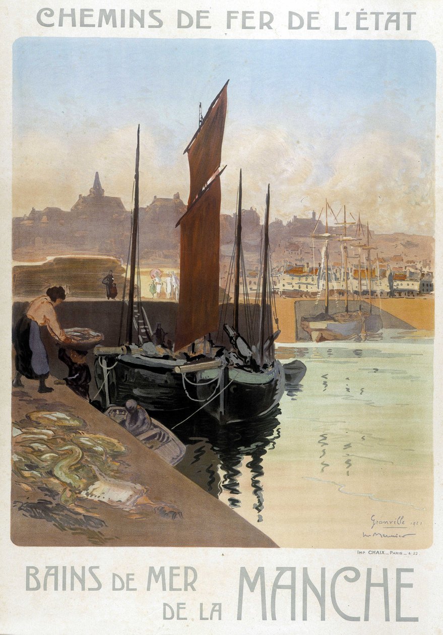 Les bains de mer de la Manche (Pohled na přístav Granville) - plakát státních drah od Meuniera od Georges Meunier