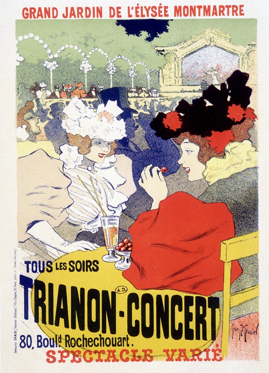 Trianonský koncert, denní show ve velké zahradě Elysee Montmartre (Elysee-Montmartre) v Paříži. Plakát Georgese Meuniera od Georges Meunier