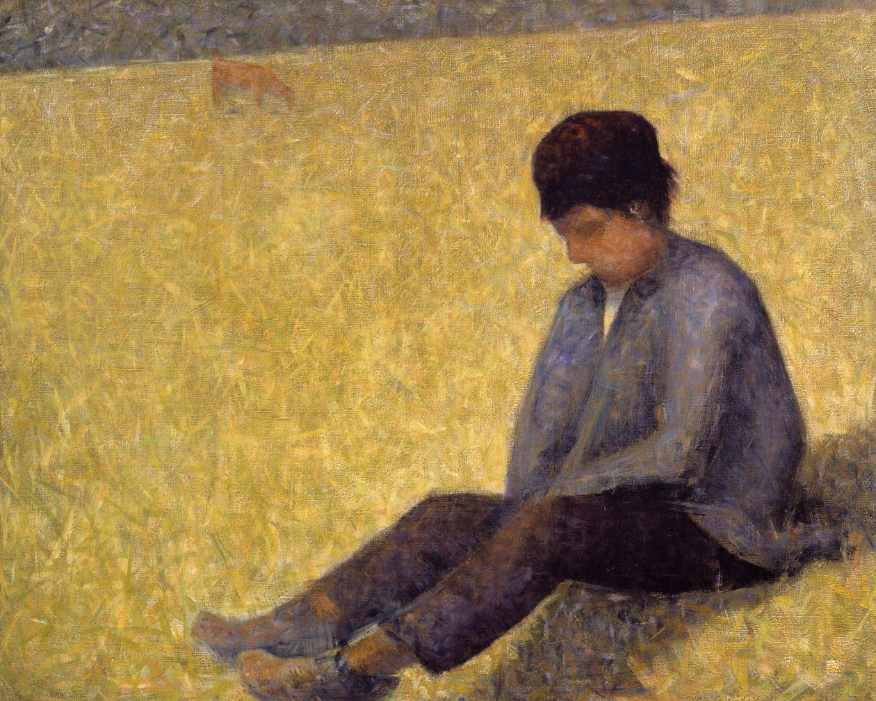 Chlapec sedící na trávě, kolem roku 1882 (olej na plátně od Georges Pierre Seurat