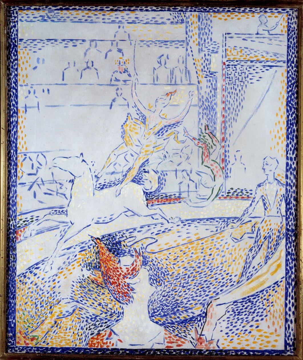 Cirkus Tanečnice předvádějící akrobatické číslo na koni a klaun. Skica Georgese Seurata (1859-1891) 1891 Sun. 0,55x0,46 m Paříž, musee d