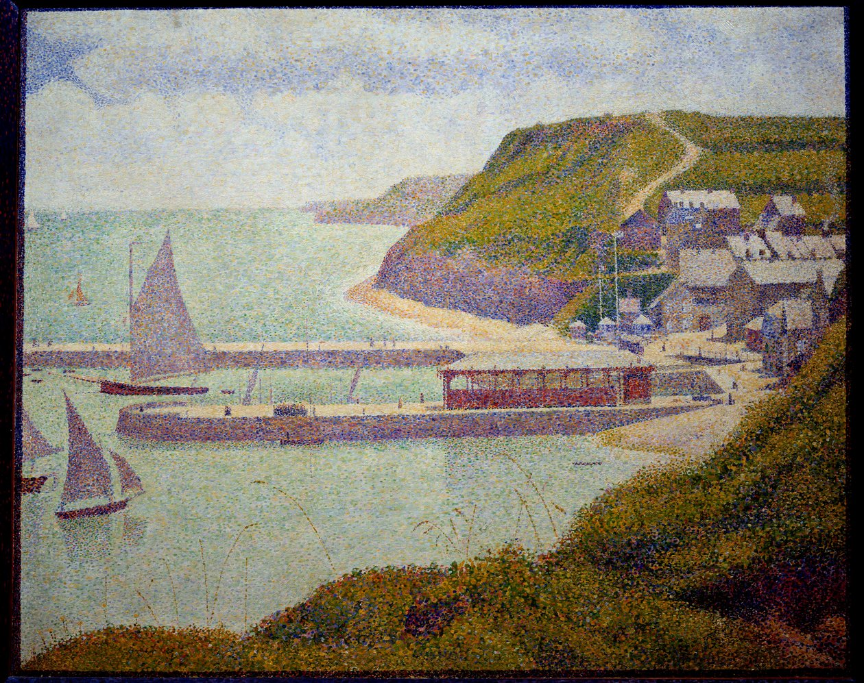 Port en Bessin, před přístavem, maree haute Malba Georgese Seurata (1859-1891) 1888 Sun. 0,67x0,82 m. Paříž, Musee d