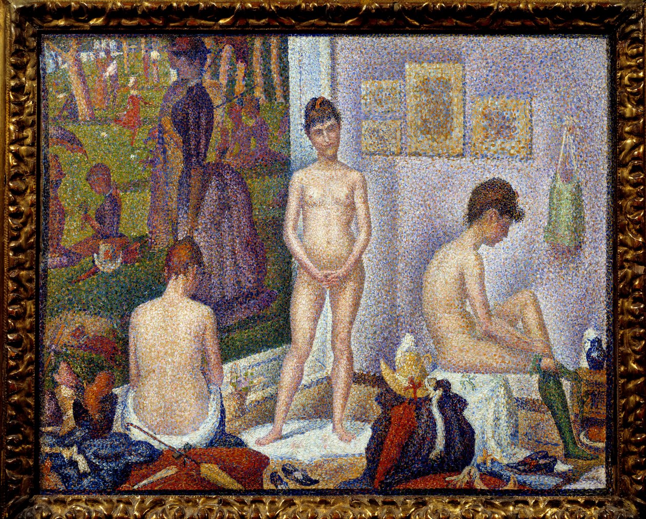 Set-up, malá verze Vlevo obraz „“ Neděle po poledni na ostrově Grande Jatte““ obraz od Georgese Seurata (1859-1891) 1888 Collection privee – Modelky spolu, menší verze. Vlevo obrázek „Jednoho nedělního odpoledne od Georges Pierre Seurat