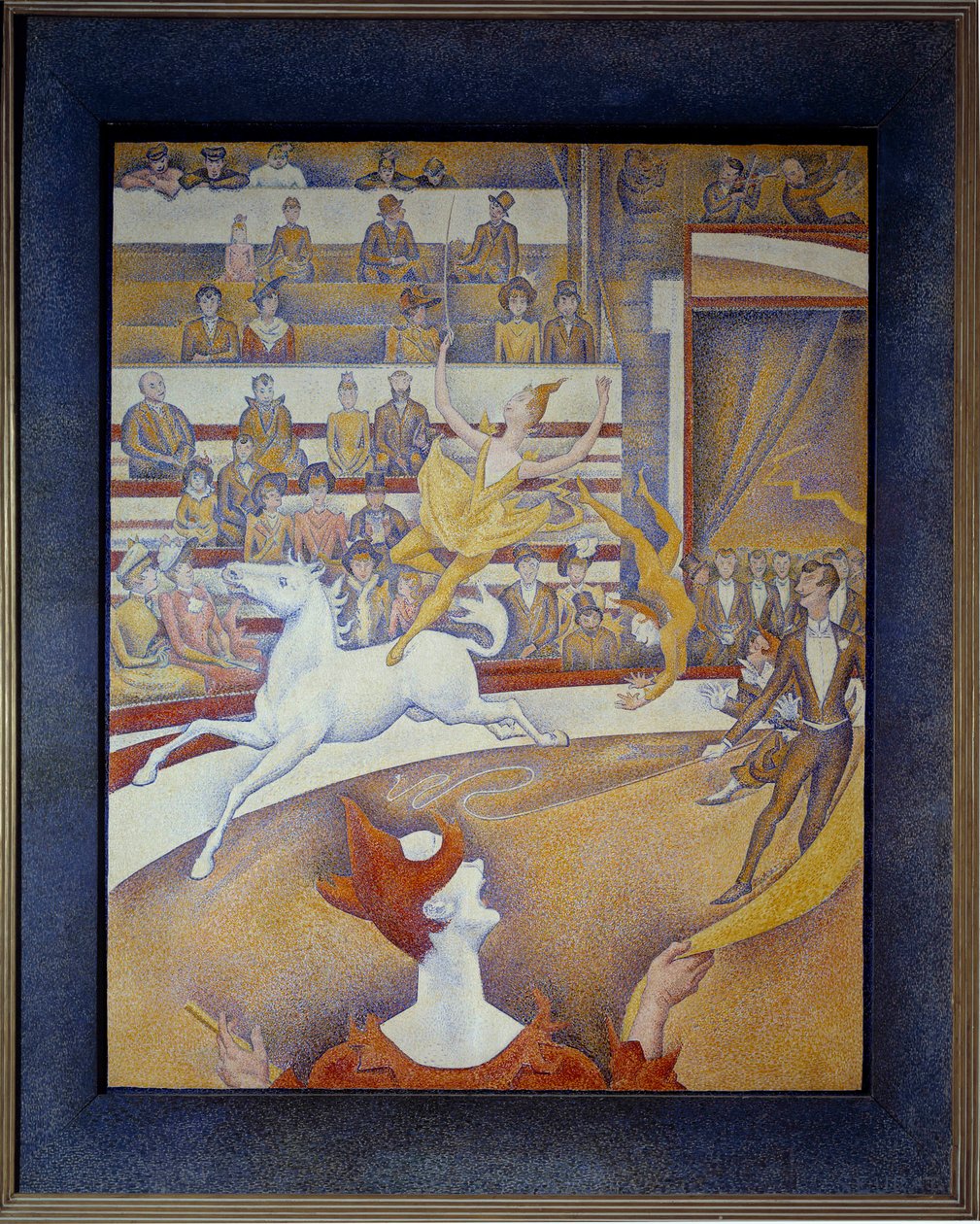 Cirkus Une ecuyere kůň, klaun a akrobaté. Obraz Georgese Seurata (1859-1891) 1891 Sun. 1,85x1,52 m Paříž, musee d