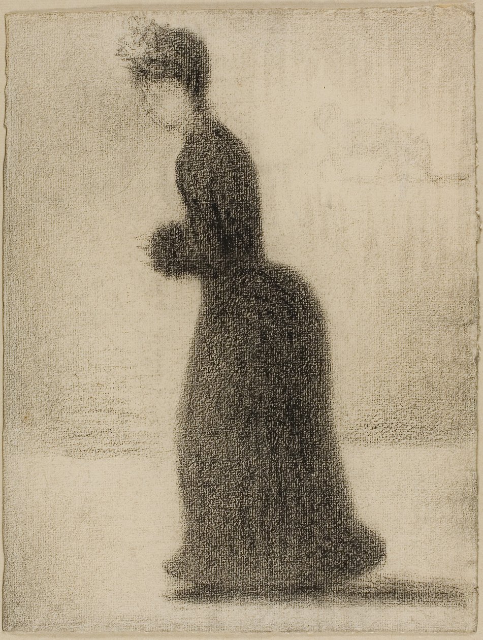 Žena s tlumokem, asi 1884 (černá pastelka na papíře položeném na lepence) od Georges Pierre Seurat
