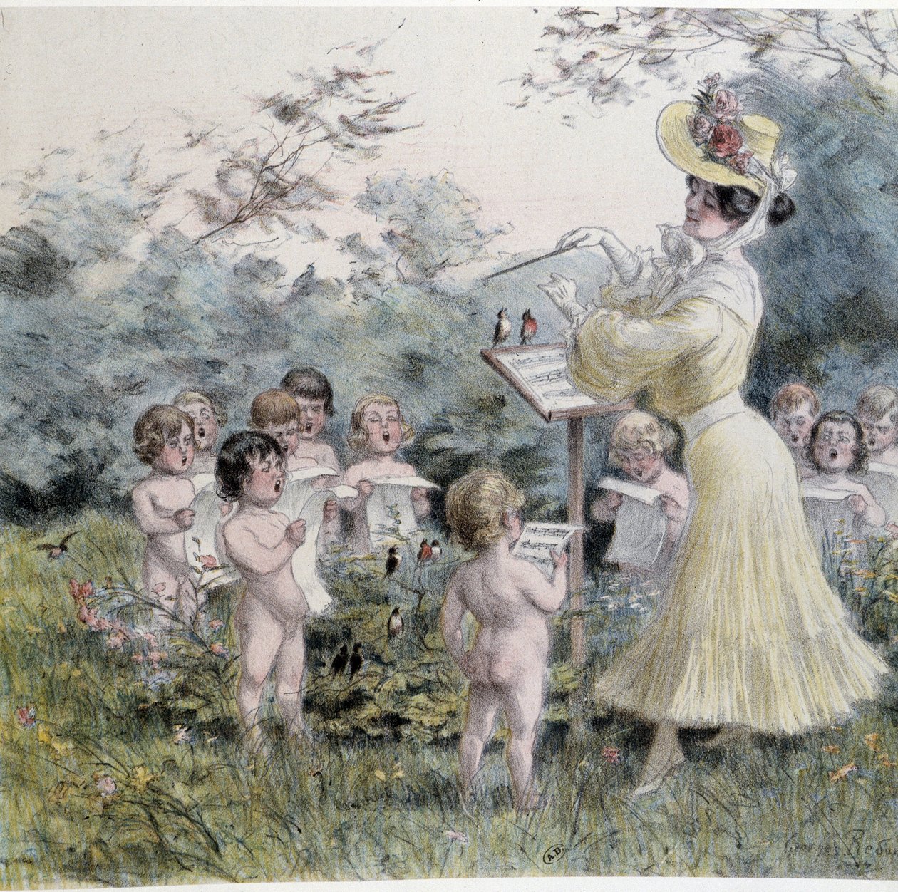 Amours: mladá žena zpívající cherubíny od Georges Redon