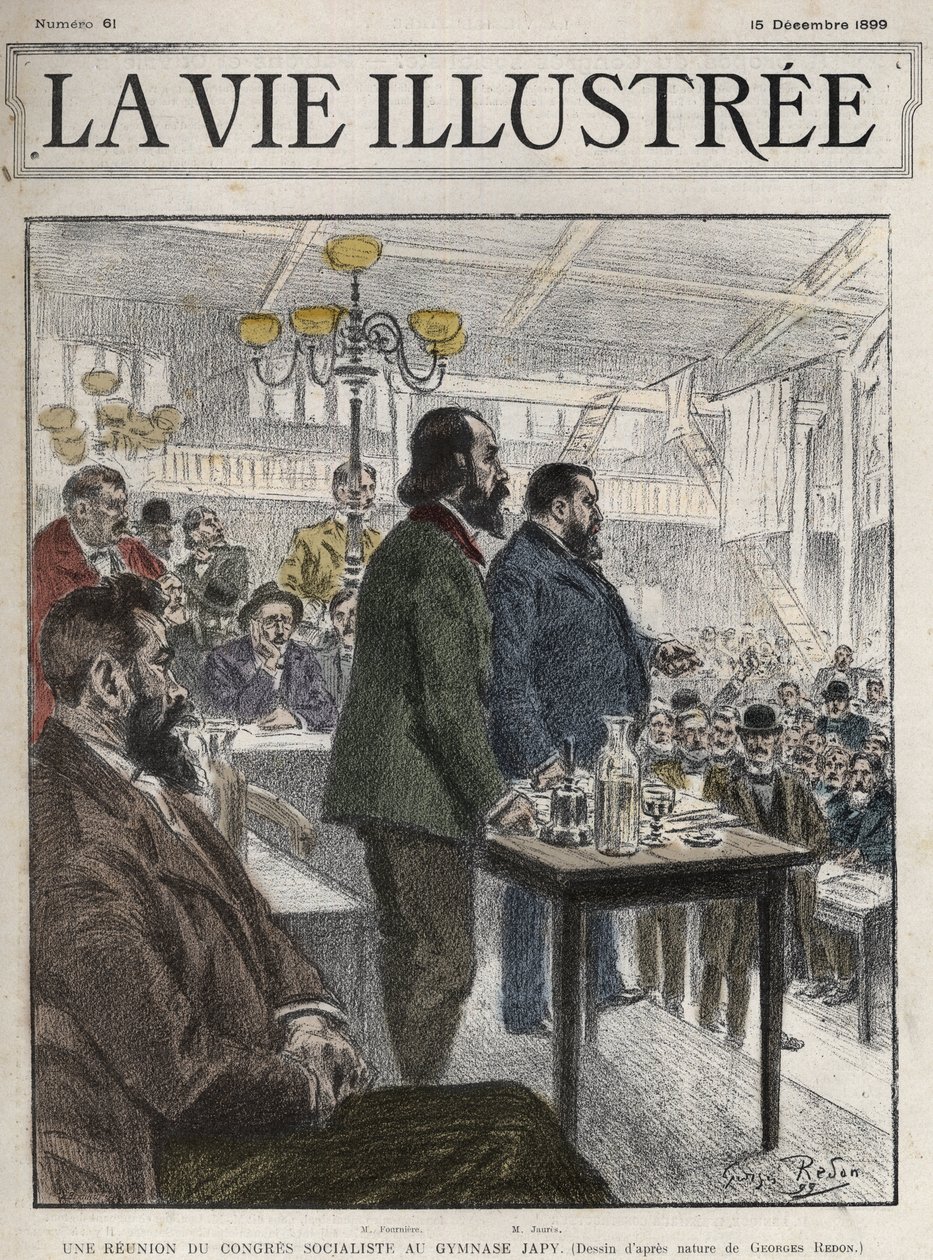 Generální kongres socialistických organizací, který se konal v Paříži v prosinci 1899, na Gymnasium Japy - Jean Jaures (1859-1914) a Eugene Fournier (1857-1914) kresba Georges Redon - la vie illustree de 1899 od Georges Redon