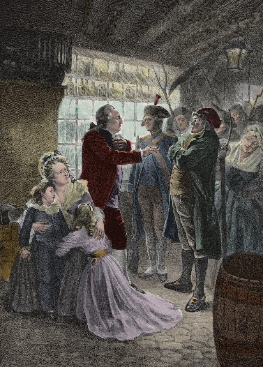 Francouzská revoluce: 21. června 1791 Královská rodina (francouzský král Ludvík XVI., královna Marie Antoinetta a jejich dvě děti paní Alžběta, králova sestra a vychovatelka dětí) zastižena v hostinci ve Varennes (Varennes-en-Argonne) během čt od Georges Roussin