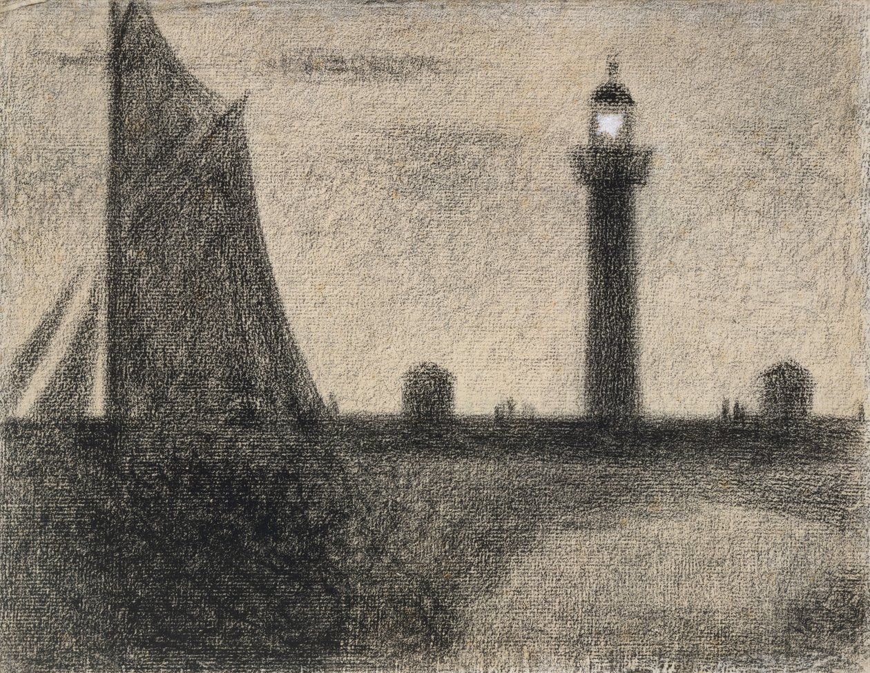 Maják v Honfleuru, 1886 (pastelka zvýrazněná kvašem na položeném papíře) od Georges Seurat