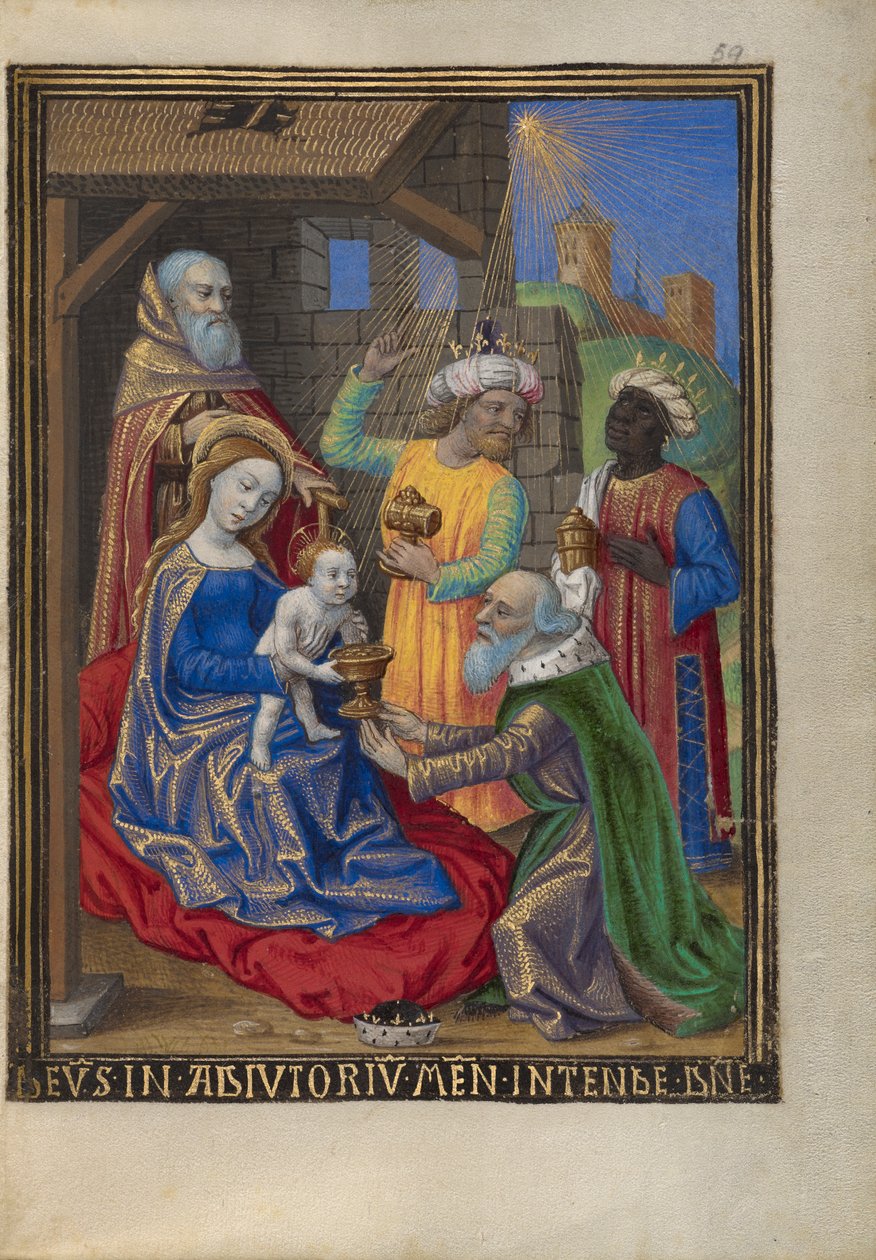 Klanění tří králů z knihy hodin paní 48 fol. 59, c.1480-90 (tempera, plátkové zlato a inkoust na pergamenu) od Georges Trubert