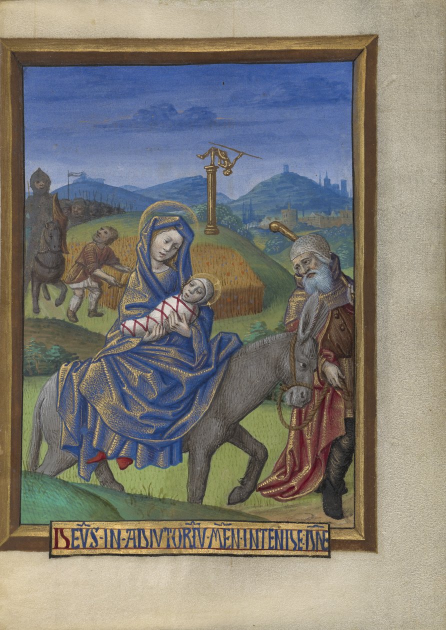 Útěk do Egypta z knihy hodin paní 48 fol. 67, c.1480-90 (tempera, plátkové zlato a inkoust na pergamenu) od Georges Trubert