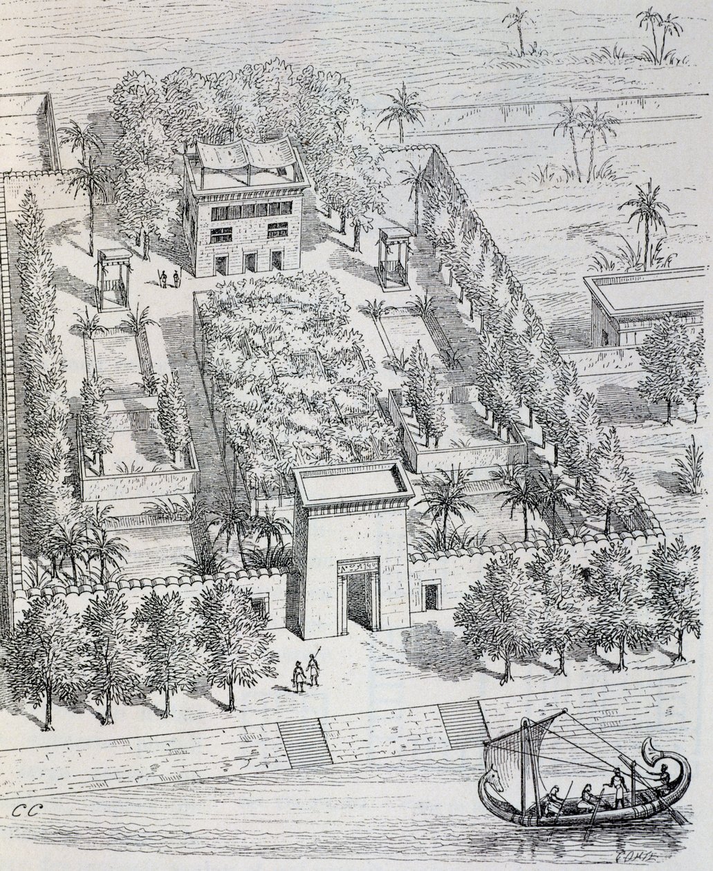 Pohled na egyptskou vilu podél Nilu, rekonstrukce Chipiez, z dějin umění ve starověku (Egypt, Asýrie, Persie, Malá Asie, Řecko, Etrurie, Řím) od Georges and Chipiez Charles Perrot