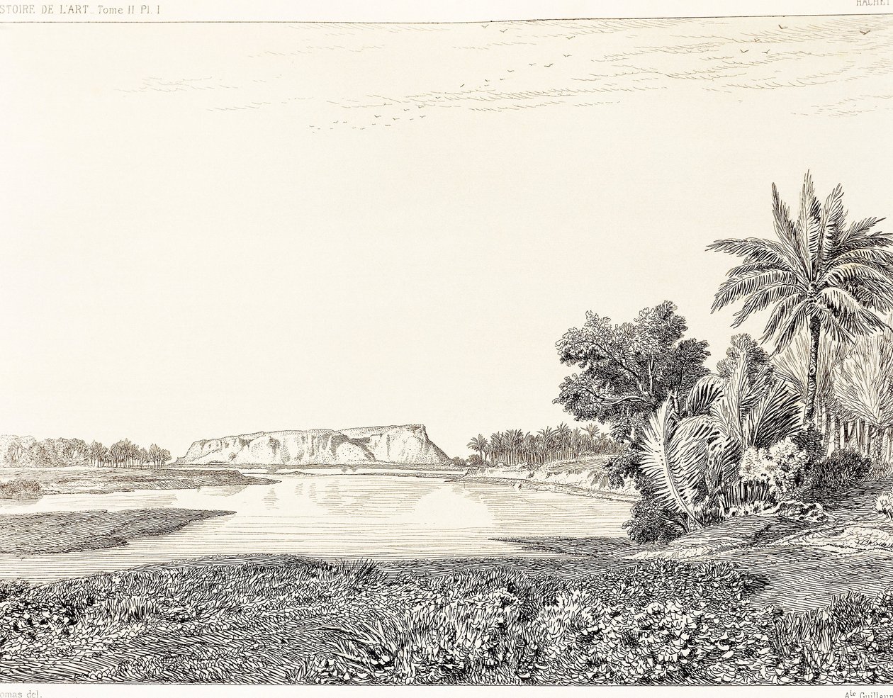 Irák, pohled na Babylon, kresba F. Thomase podle rytiny Georgese Perrota (1832-1914) a Charlese Chipieze (1835-1901), Histoire de l