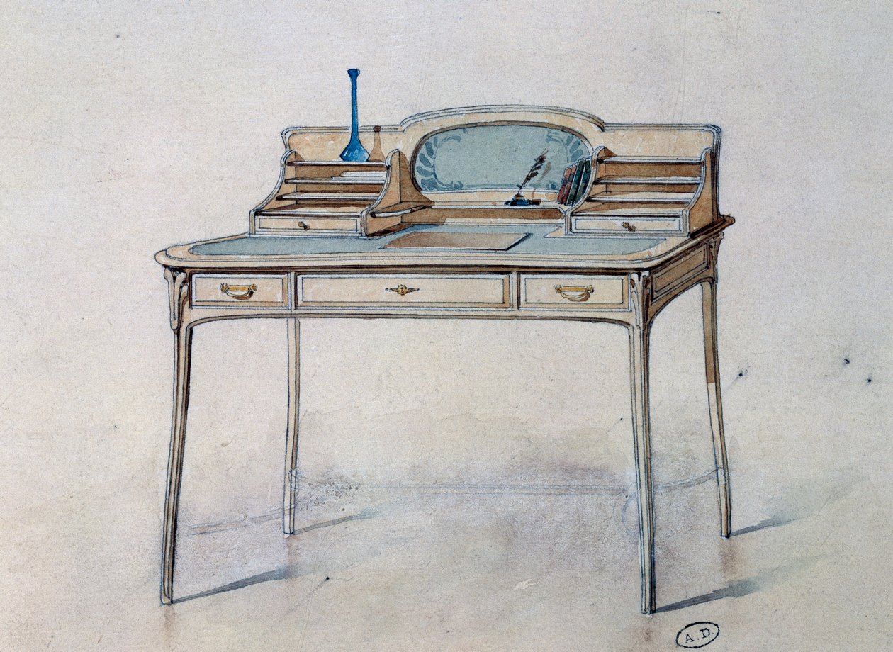 Kresba pro secesní dámský psací stůl pro Bing Atelier (secesní dílna), cca 1900 (akvarel a tužka) od Georges de Feure