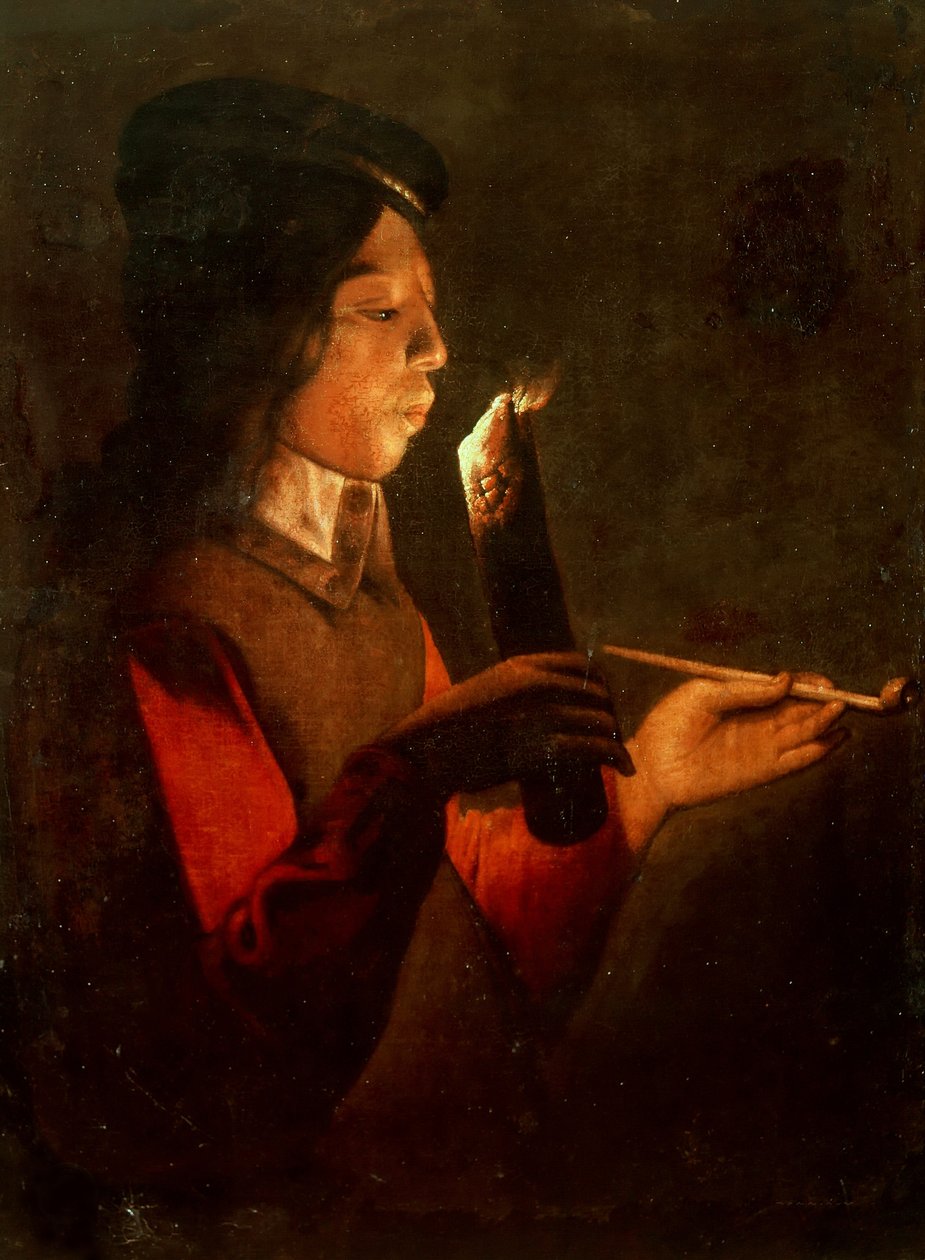 Mladý chlapec s dýmkou, foukající na ohnivou značku Le Souffleur à la dýmka. od Georges de, La Tour