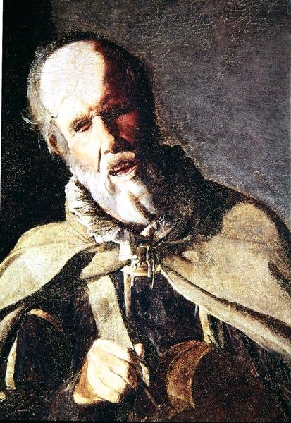 Hurdy Gurdista se svým psem, detail hlavy, 20. léta 17. století od Georges de La Tour