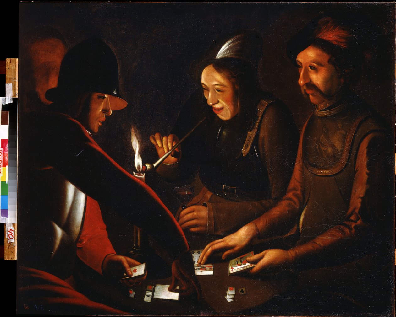 Vojáci hrající karty. Vojáci hrací karty. Obraz doprovodu Georgese de La Tour (1583-1652). Olej na plátně. Oblastní galerie umění A. Deineka, Kursk (Kursk), Rusko. od Georges de La Tour