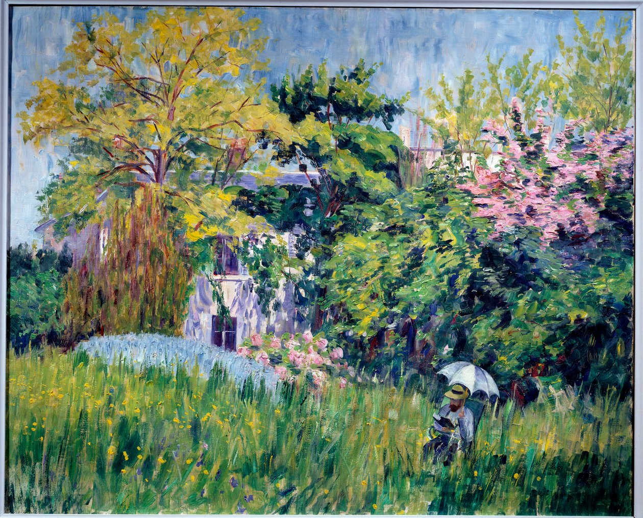 Zahrada Bonnieres A čtenář má pod deštníkem ve vysoké trávě. Obraz Georgette Agutte (1867-1922) 1909-1910. Olej na plátně, 81 x 100 cm. Grenoble, musee des Beaux Arts - Zahrada v Bonnieres. Čtenář pod deštníkem ve vysoké trávě. Pa od Georgette Agutte