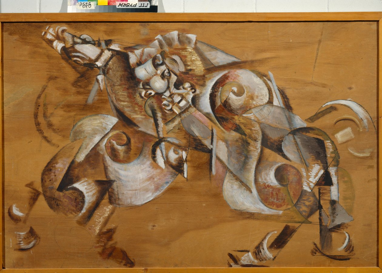 ""Lev útočí na koně"" (Lev útočí na koně) Malba Georgiho Jakulova (1884-1928) Olej na hraně 1917-1918 Rozměr 99x149 cm Státní Treťjakovská galerie, Moskva od Georgy Bogdanovich Yakulov