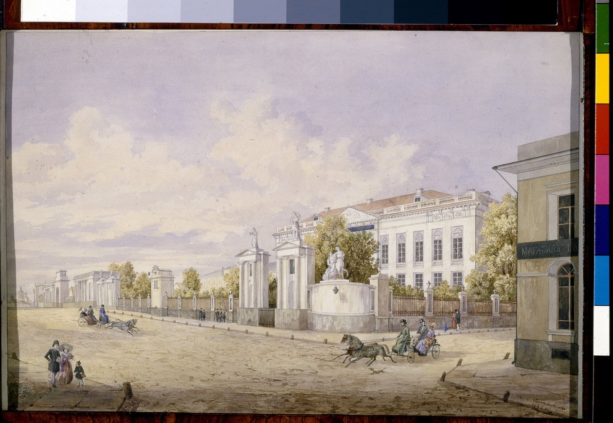 Velká Lubjanka v Moskvě (Velká Lubjanka v Moskvě) - dílo Georgiho Filippoviče Baranovského (1823-1852), akvarel na papíře, 1848 - Státní Treťjakovská galerie, Moskva (Rusko) od Georgi Filippovich Baranovsky