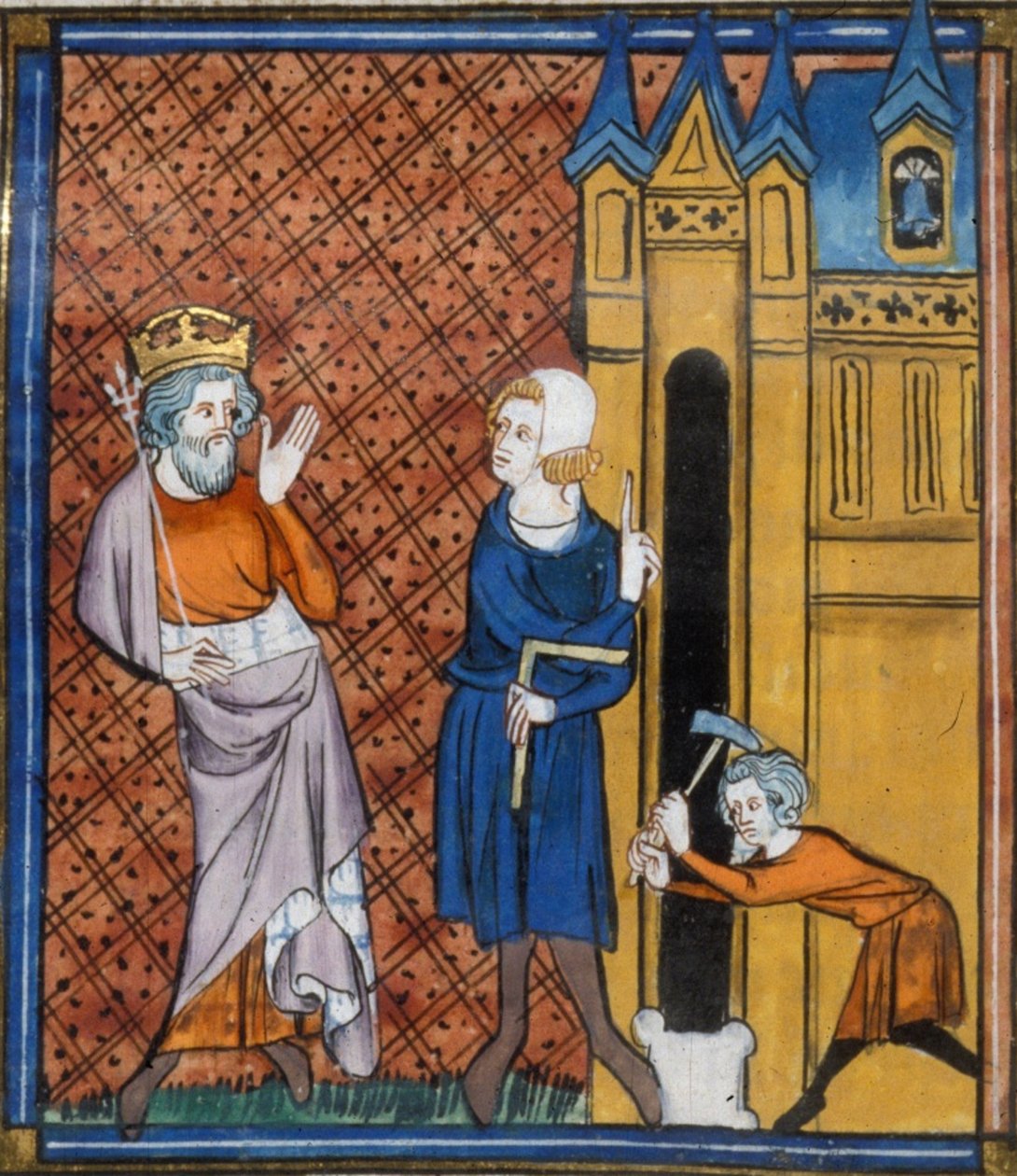 Karel Veliký staví katedrálu v Aix, z Chroniques de France ou de St Denis, 14. století (22716435125) od Georgia Levan Ramishvili from Tbilisi