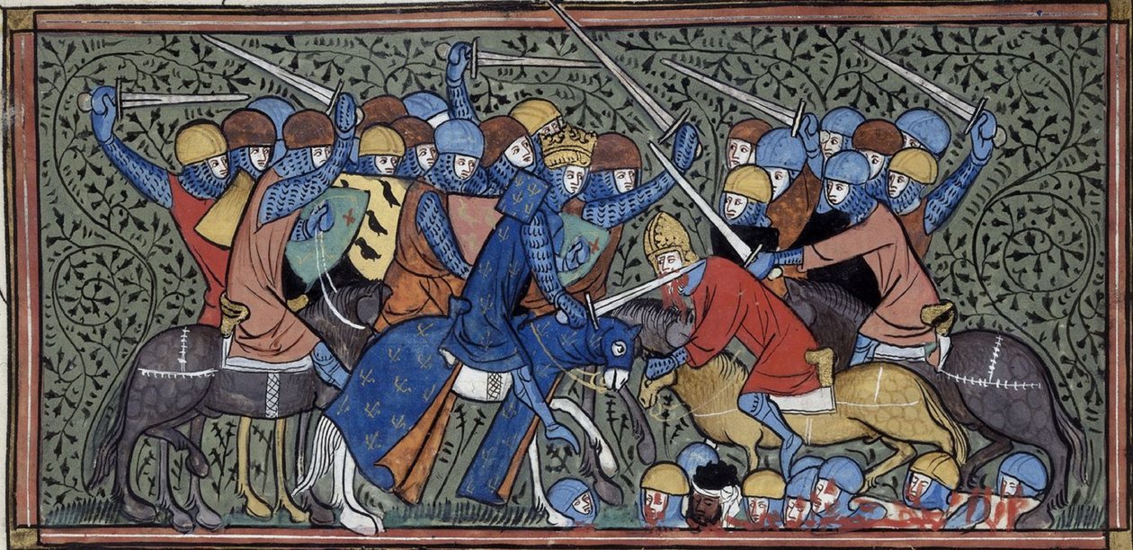Karel Martel poráží Euda a Saracény, Grandes chroniques de France, Royal 16 G.VI, f.117v, cca 1332-1350 (22727638241) od Georgia Levan Ramishvili from Tbilisi
